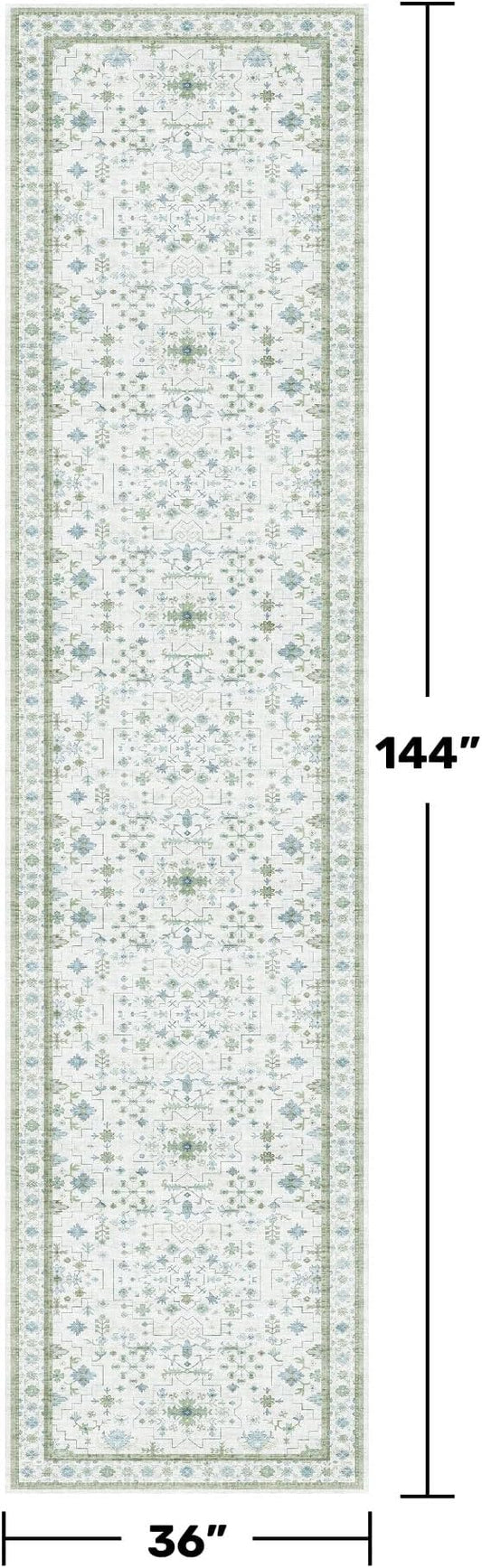 Hazo Haus Oushak 3x12 Wide Hallway Runner Rug - Vintage Turkish Floral, Washable Low Pile Non Slip 12ft Long Runners for Large Kitchen, Hall Way - Light Blue and Green