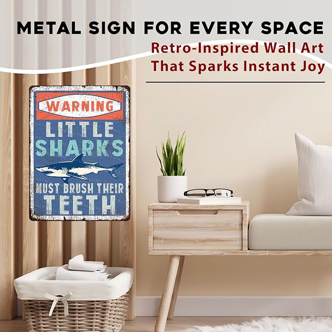 Sharks Vintage Sign Little Sharks Brush Teeth Metal Tin Sign Great Bathroom Decor for Kids Restroom and Wall Art Home 12x16inch