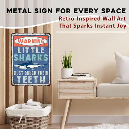 Sharks Vintage Sign Little Sharks Brush Teeth Metal Tin Sign Great Bathroom Decor for Kids Restroom and Wall Art Home 12x16inch