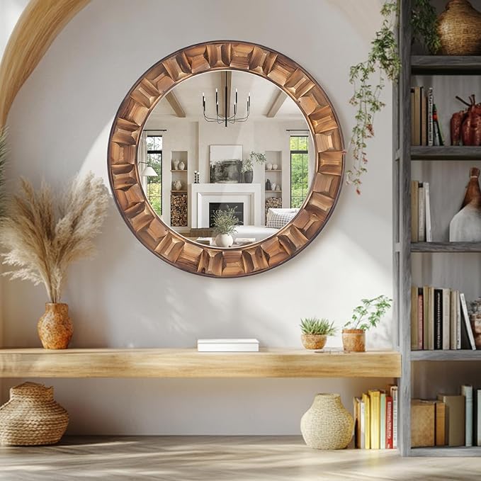 36 Inch Large Round Solid Wood Wall Mirror - Rustic Farmhouse Dark Brown Wooden Circle Mirror for Bathroom, Living Room, Entryway & Wall Decor