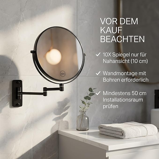 8” Makeup Mirror Wall Mounted, 1X/10X Double-Sided Wall Mount Magnifying Bathroom Mirror with Folding Extendable Arm, 360° Swivel Vanity Shaving Mirror for Bathroom and Makeup, Black (No Light