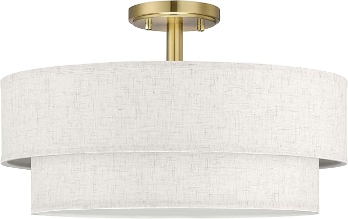 18 Inch LED 24W Adjustable 3000/4000/5000 Gold Double Drum Linen Fabric Shade Semi Flush Mount Close to Ceiling Light Fixture for Bedroom,Living Room,Dining Room Hallway