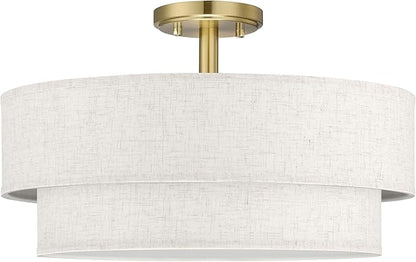 18 Inch LED 24W Adjustable 3000/4000/5000 Gold Double Drum Linen Fabric Shade Semi Flush Mount Close to Ceiling Light Fixture for Bedroom,Living Room,Dining Room Hallway