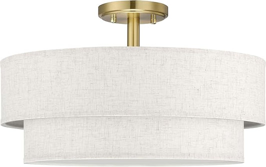 18 Inch LED 24W Adjustable 3000/4000/5000 Gold Double Drum Linen Fabric Shade Semi Flush Mount Close to Ceiling Light Fixture for Bedroom,Living Room,Dining Room Hallway