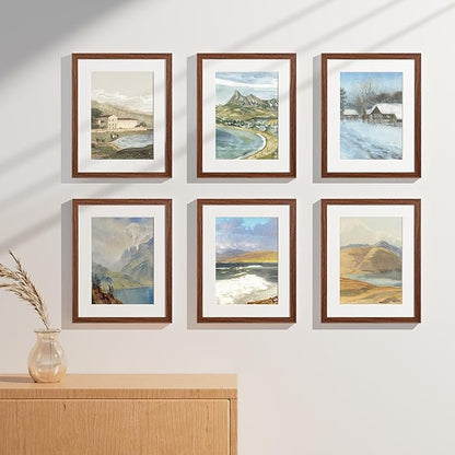 Vittanly 11x14 Picture Frames Set of 9, Display 8x10 Pictures with Mat or 11x14 without Mat, Photo Frames for Wall or Tabletop with Plexiglass, Engineered Wood, Wood Grain Brown
