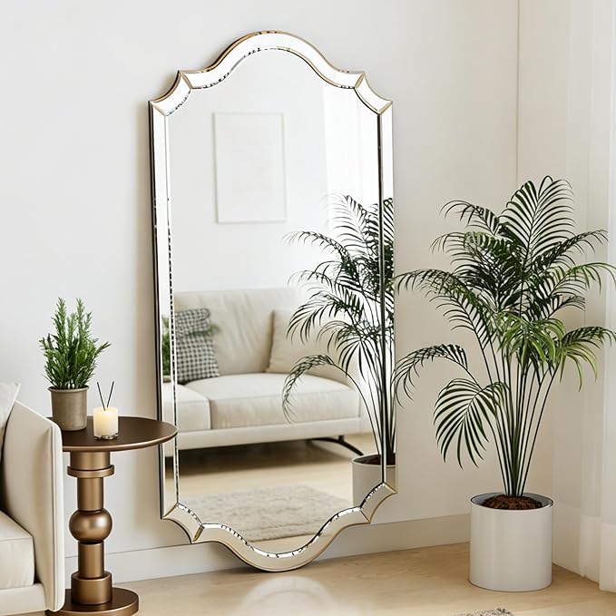 Chende Double Arch 59"x30" Frameless Beveled Decorative Wall Mirror, Elegant Large Living Room Mirror with Solid Wood Backboard, Horizontal Vertical Hanging for Entryway Bathroom Dining Room, Unique