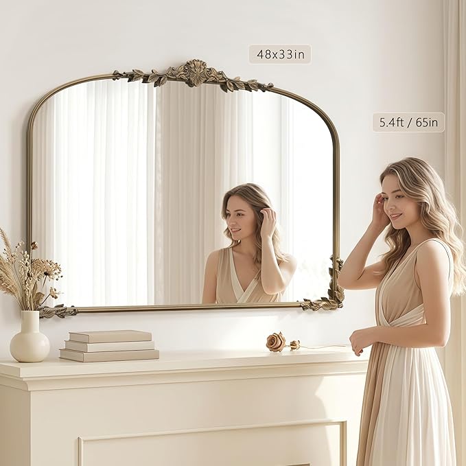 Besdomus Large Gold Wall Mirror: 48"x33" Baroque Vintage Fireplace Arched Mirror - Traditional Ornate Antique for Bedroom/Entryway/Bathroom/Vanity/Living Room - Ideal for Fashion-Conscious