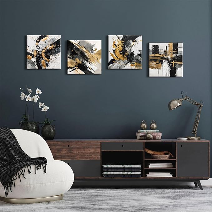 Abstract Black and Gold Wall Art for Bathroom Marble Pictures for Wall Modern Black White and Gold Texture Canvas Prints Painting Neutral Posters Artwork Living Room Home Decorations 12x12” 4Pcs