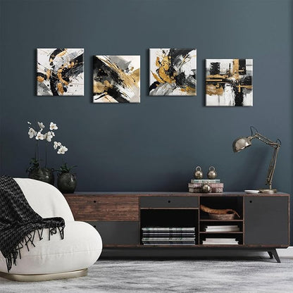 Abstract Black and Gold Wall Art for Bathroom Marble Pictures for Wall Modern Black White and Gold Texture Canvas Prints Painting Neutral Posters Artwork Living Room Home Decorations 12x12” 4Pcs