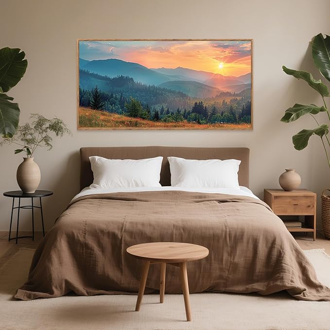 Aurlan Boho Mountain Sunset Landscape Framed Wall Art(40"x20"), Large Green Blue Ridge Grand Teton National Park Canvas Artwork, Abstract Modern Watercolor Nature Forest Scenery Decor for Home Office Bedroom