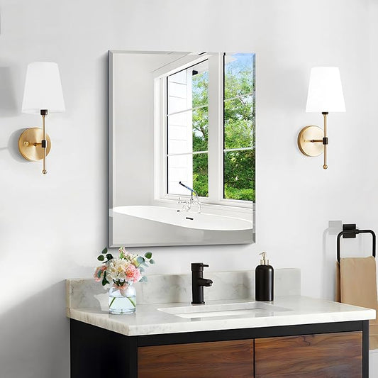 CILIBER Beveled Mirror, 18x24 Frameless Beveled Bathroom Mirrors for Wall, 3mm Tempered Glass Rectangle Vanity Mirror with Beveled Edge, Crystal-Clear, Hangs Horizontally or Vertically