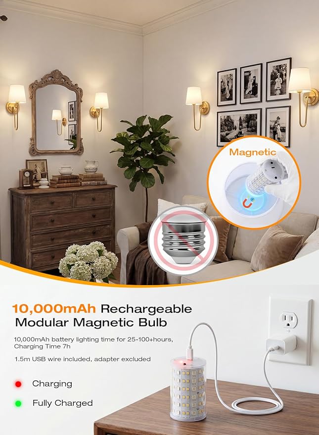 CLOUDY BAY 10000mAh Battery Operated Wall Sconces,Up to 100 Hours with Rechargeable RGB Dimmable Magnetic Bulb,Cordless Wall Lighting Fixtures with Remote for Bedroom,Soft Gold,2 Pack-15.4in
