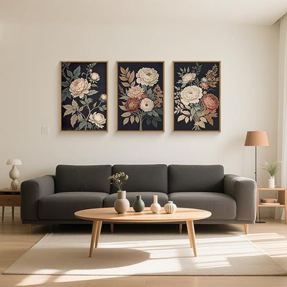 HOURIA Large Moody Dark Flower Framed Canvas Wall Art,Retro Beige Red Peony Wall Decor,Vintage Textured Blossom Botanical Artwork,Natural Wildflower Art Print for Living Room,Bedroom,Office-24 x36 x3