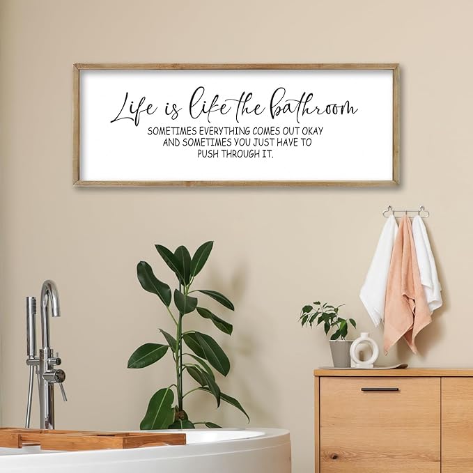 FZMHASLWW Humorous Motivational Bathroom Wall Decor 32"×12" Life Is Like The Bathroom Sign Funny Inspirational Quote for Farmhouse Toilet Restroom Large Modern Wood Framed Wall Hanging Art (Wood)