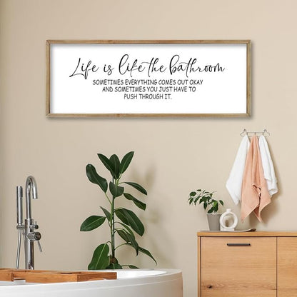 FZMHASLWW Humorous Motivational Bathroom Wall Decor 32"×12" Life Is Like The Bathroom Sign Funny Inspirational Quote for Farmhouse Toilet Restroom Large Modern Wood Framed Wall Hanging Art (Wood)
