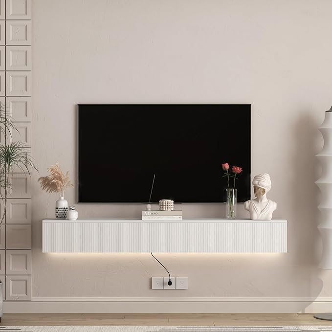 KEIKI 9.17" H x 68.8" L Floating TV Stand Wall Mounted with 16 Color LEDs & Power Outlets for TVs Up to 70 Inch, Wooden Media Console Entertainment Center Television Table Cabinet for Living Room