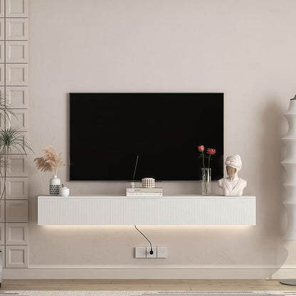 KEIKI 9.17" H x 68.8" L Floating TV Stand Wall Mounted with 16 Color LEDs & Power Outlets for TVs Up to 70 Inch, Wooden Media Console Entertainment Center Television Table Cabinet for Living Room