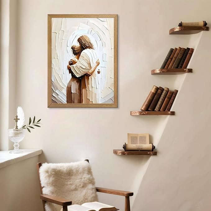Framed Jesus Hugging Woman Canvas Wall Art God & Girl Wall Decor Safe in His Arms Pictures Modern Christian Healing Embrace Mormon Prints Posters Artwork for Living & Prayer Room Bedroom Decor 8x10in