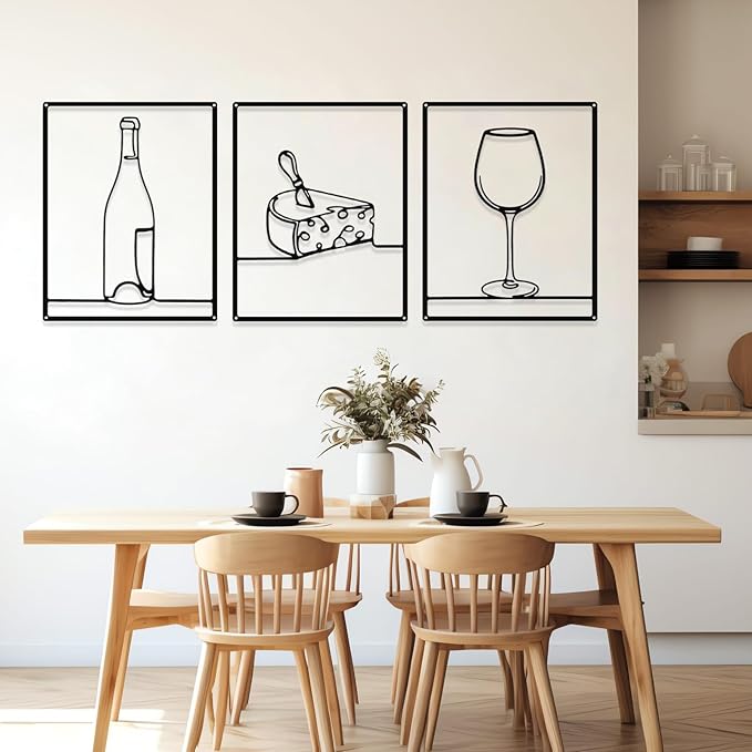 Otoolling 3 Pieces Metal Minimalist Line Kitchen Signs Wall Decor Drawing Rustic Kitchen Wall Art for Dining Living Room Home, 14 x 11 Inches(Wine,Black)