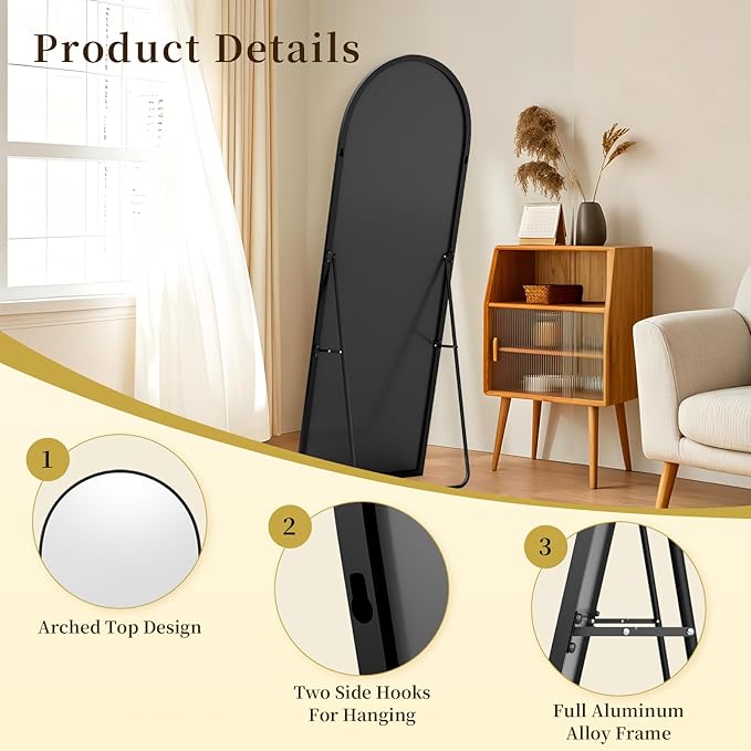 59"x16" Floor Mirror Full Length, Arched Full Length Mirror with Stand, Full Body Mirrors for Bedroom Living Room or Cloakroom Black
