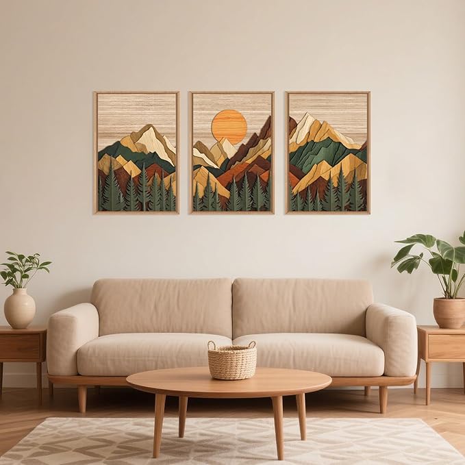 Celestdeco Large Woodcut Style Mountain Framed Canvas Wall Art Set, Woodsy Rustic Ridge Wall Decor, Boho Pine Tree Forest Wall Painting, Abstract Sunrise Wooden Art Print for Living Room, Bedroom, Office - 24"X36"X3(Not-3D Effect)