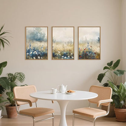 Nature Wildflower Framed Canvas Wall Art Set, Pastoral Landscape Wall Decor, Colorful Meadow Wall Painting, Rustic Floral Art Print for Living Room, Bedroom, Office - 24"X36"X3