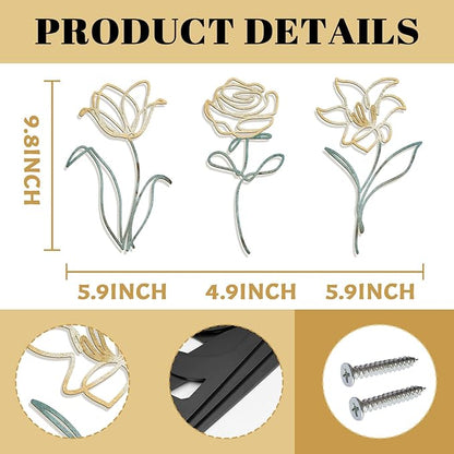 Oubasa Metal Flowers Wall Art Set of 3, Farmhouse Floral Home Decoration, Modern Line Art Flower Wall Decor for Living Room Bedroom Bathroom, Minimalist Botanical Wall Sculpture – Lily, Tulip, Rose