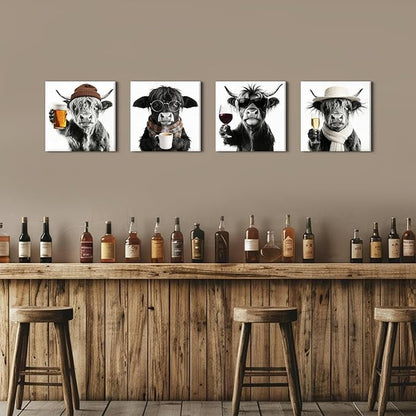 Funny Highland Cow Wall Art Cowboy Wall Decor Farmhouse Kitchen Decor Vintage Black and White Animals Pictures Canvas Prints Humor Cows Theme Paintings Posters Artwork Home Decorations 12x12” 4P