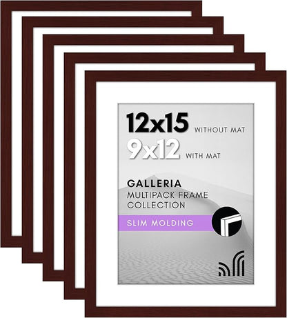Americanflat 12x15 Picture Frame with Polished Plexiglass - Set of 5 - Use as 9x12 Frame with Mat or Display 12x15 Photo Without Mat - Galleria Collection - Picture Frames for Wall Display - Mahogany