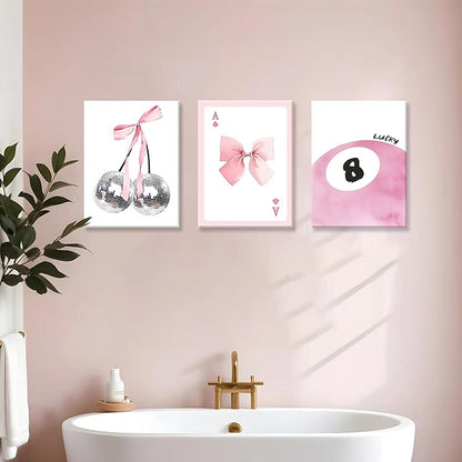 Framed Pink Canvas Wall Decor Set of 3, Pink Bow Wall Art Oil Painting, Girls Preppy Room Decor Picture, Trendy Disco Ball Print Poster for Teen Girl Apartment Bedroom Living Room Aesthetic 16x24 Inch