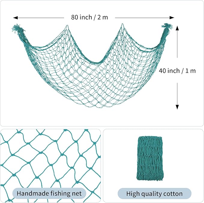 Decorative Fishing Net 2 Pack, 80x40 Inch Large Aqua Fish Net Decor for Wall, Photo Display, Nautical Mermaid Pirate Ocean Themed Beach Hawaii Under the Sea Party Decorations