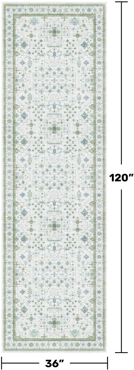 Hazo Haus Oushak 3x10 Wide Hallway Runner Rug - Vintage Turkish Floral, Washable Low Pile Non Slip 10ft Long Runners for Kitchen, Hall Way - Light Blue and Green