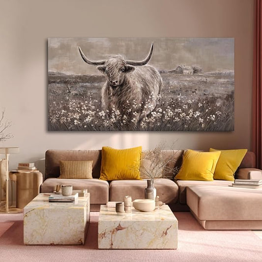 Neutral Beige and Brown Highland Cow Canvas Wall Art - 29x58 Inch Large Framed Painting for Modern Living Room, Rustic Bedroom, Farmhouse Office, Vintage Home Decor