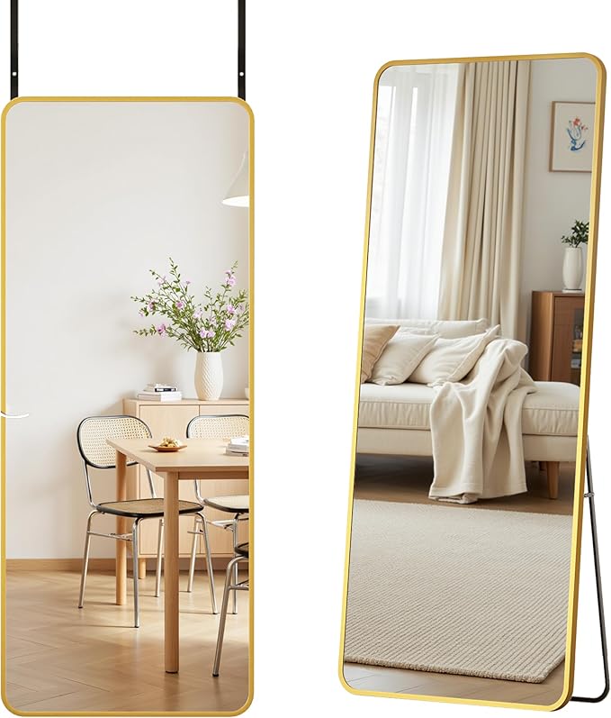 Antok Over The Door Mirror Full Length, 58'' x 21''Wall Mounted Hanging Mirror, Aluminum Alloy Frame, Shatterproof Glass, No Drill Installation for Bedroom, Closet, Bathroom, Dorm, Round Corner,Gold