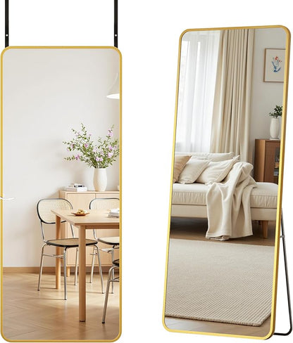 Antok Over The Door Mirror Full Length, 58'' x 21''Wall Mounted Hanging Mirror, Aluminum Alloy Frame, Shatterproof Glass, No Drill Installation for Bedroom, Closet, Bathroom, Dorm, Round Corner,Gold