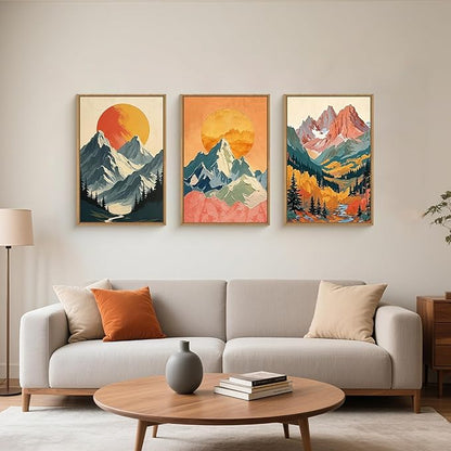 HPNIUB Boho Sunrise Mountain Framed Wall Art Set,Modern Abstract Forest Wall Decor,Colorful Sun Scenery Nature Woodland Printing,Grassland River Artwork for Living Room, Bedroom,Office-16''x24''x3