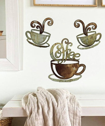 Putuo Decor Rustic Coffee Cup Metal Wall Decor, Vintage Coffee Bar Kitchen Wall Art, Set of 3 Farmhouse Bar Accessories Hanging for Dining Room Cafe Bakery