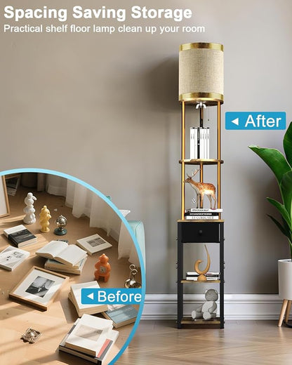 Lightdot 65IN Floor Lamps with Storage Table&Drawer, Corner Shelf Lamps with Black End Table and Fabric Shade, Modern Standing Tall Lamp for Living Room/Bedroom/Sofa Beside/Corner Decor(Bulb Included)