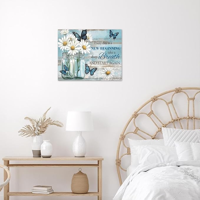 LB Farmhouse Daisy Butterfly Wall Art Rustic Floral and Inspirational Positive Saying Canvas Art Vintage Flower Wall Decor for Bedroom Living Room Bathroom Framed Ready to Hang 12L x 16W