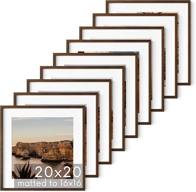 HAUS AND HUES Walnut Oak Wood 20x20 Picture Frames - Set of 9, Square Frames with Mat, Contemporary Frames for Large Wall Art (20x20 in, Walnut, Set of 9)