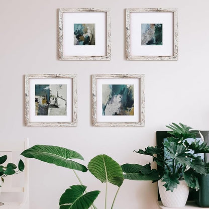 Egofine 8x8 Picture Frame Made of Solid Wood with Plexiglass Set of 4, Display Pictures 4x4/6x6 with Mat or 8x8 Without Mat for Tabletop and Wall Mounting, Rustic White