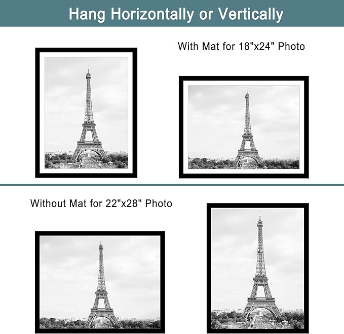 iRahmen 22x28 Poster Frame Set of 2 with Plexiglass, Black Wood Picture Frames for Wall Mounting Display Picture 18x24 with Mat or 22 x 28 Without Mat