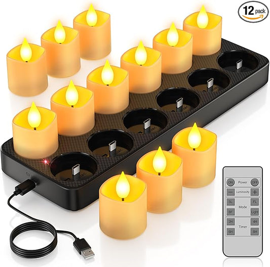PChero Rechargeable Flameless Candles with Remote Timer & Charging Base, 12 Pack Votive Candles Battery Operated Tea Lights Flickering, LED Tealights for Home Wedding Halloween Fall Christmas Decor