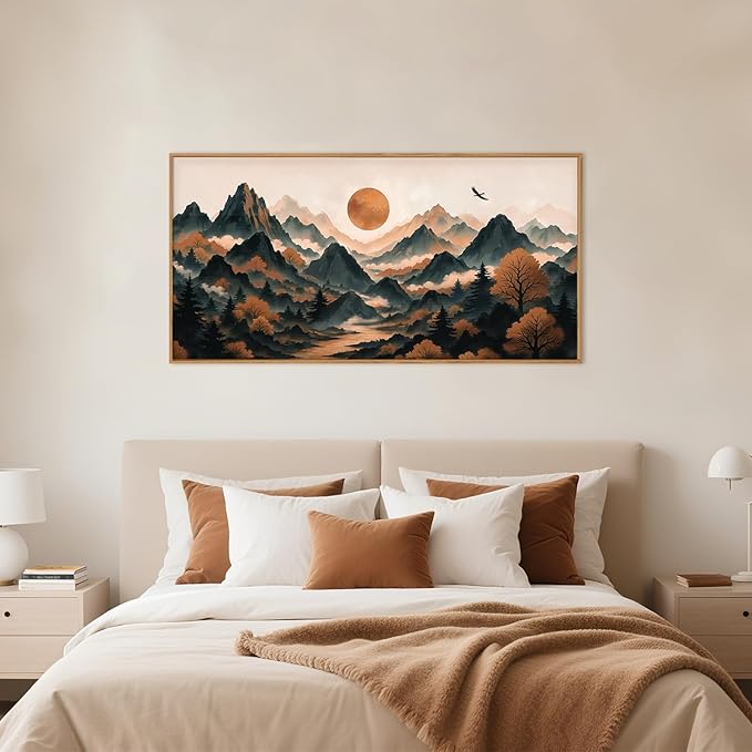 Large Boho Mountain Framed Canvas Wall Art Set,Brown Ridge Landscape Wall Decor,Pine Tree Scenery Wall Painting,Sunrise Abstract Wilderness Art Print for Living Room,Bedroom,Office - 20X40