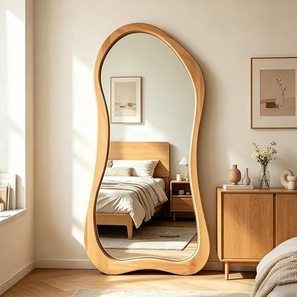 Large Irregular Mirror, 63"x30" Asymmetrical Aesthetic Mirrors with Solid Wood Frame, Premium Organic Shape Floor Mirror for Living Room Entryway Hallway Bedroom Cloakroom, Leaning/Hanging