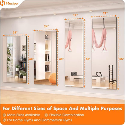 Hasipu Home Gym Mirror 55" L x 17" W - 2PCS Large Full Body Mirror for Yoga, Fitness, Garage, Dance Studio, Wall-Mounted, 0.16in Tempered Glass Frameless