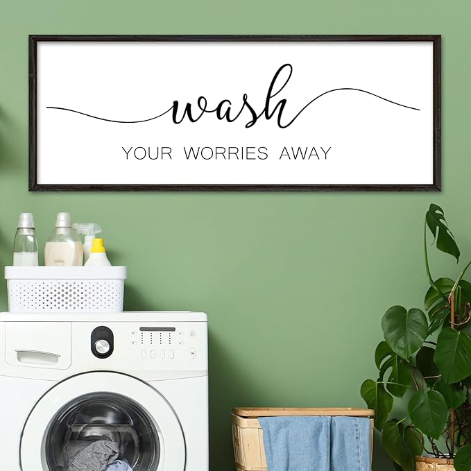 Wash Your Worries Away Sign Funny Laundry Room Wall Decor 32"×12" Rustic Bathroom Large Wooden Framed Wall Hanging Art (Black)