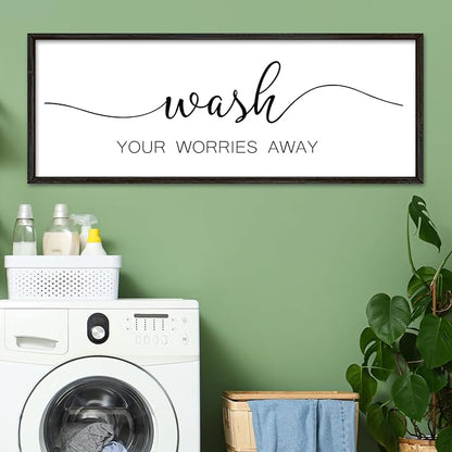 Wash Your Worries Away Sign Funny Laundry Room Wall Decor 32"×12" Rustic Bathroom Large Wooden Framed Wall Hanging Art (Black)