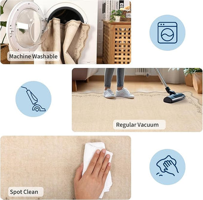 GarveeHome Round Area Rugs 4ft for Kids Room, Solid Jute Scalloped Washable Circle Rug Soft Non Slip Floral Print Floor Mat Tan Carpet Indoor Thin Tent Rug for Bedroom Dining Room Playroom Nursery