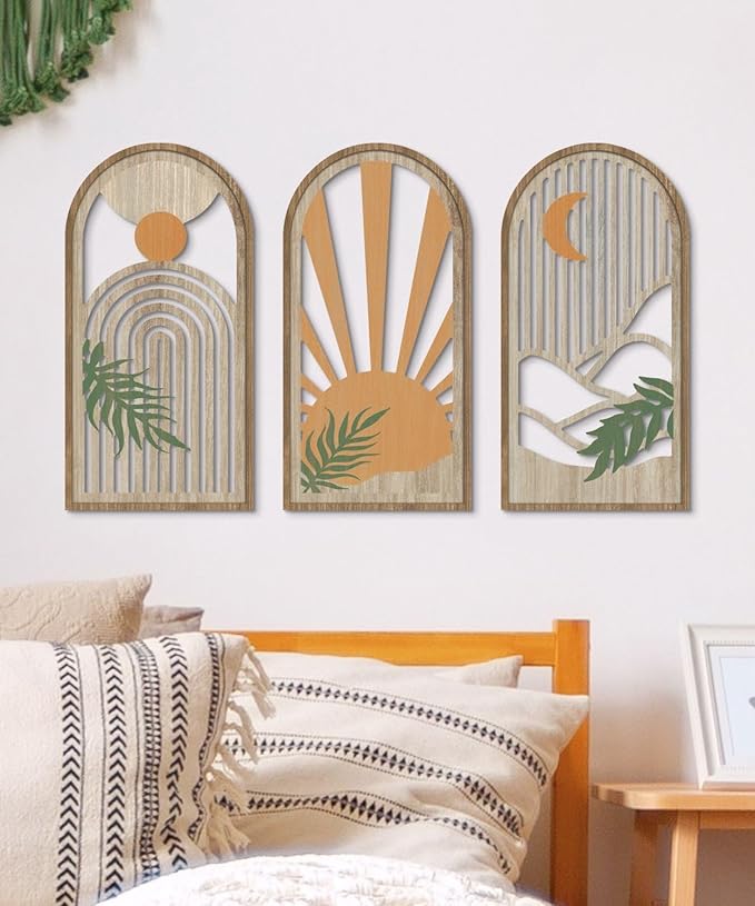 Putuo Decor Boho Plant Wall Art, Wood Modern Minimalist Wall Decor, Abstract Sun Inspired Room Decorations 16x8 In Mid Century Artwork for Living Room Bedroom Office in Sunrise Earthtone Set of 3